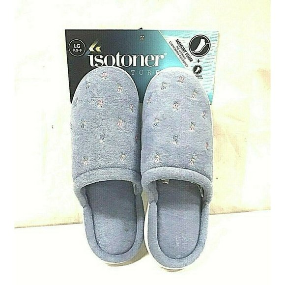Isotoner Womens Blue with Pink Flowers Velour Memory Foam Slipper L (8.5-9} New